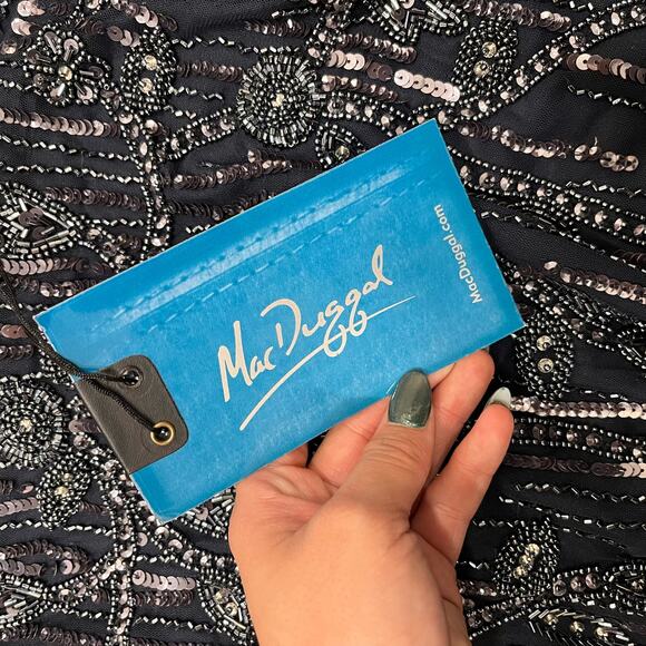 MAC DUGGAL 9064 Embellished Cap Sleeve Faux Wrap Trumpet Gown Midnight 14 NEW - Picture 6 of 9